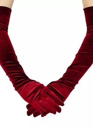 Длинные бордовые красные бархатные перчатки вечерние, перчатки для фотосессии, вечеринки, для стильных образов, перчатки велюр1 фото