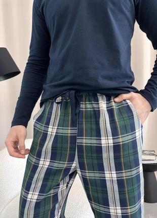 Мужские пижамные брюки в клетку, сине-зеленые6 фото
