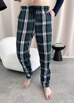 Мужские пижамные брюки в клетку, сине-зеленые3 фото