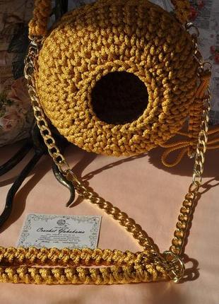 Сумка стрекоза золотая вязаная крючком круглая дизайнерская ручной работы9 фото
