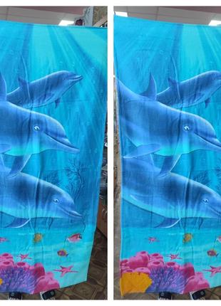 Хлопковое натуральное качественное полотенце дельфин море 75*150 см