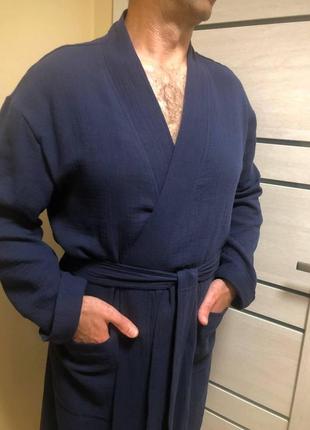 Чоловічий мусліновий халат estet, темно-синій2 фото