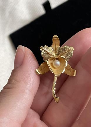 Антикварная золотая брошь орхидея 18к10 фото