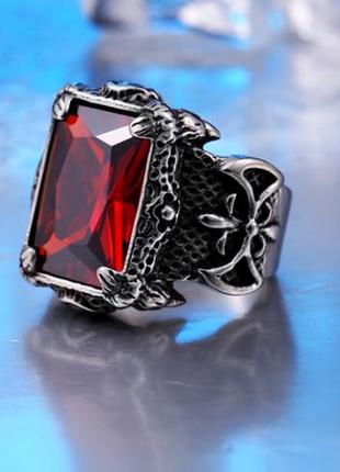 Мужское большое кольцо перстень сталь 316l  флер де лис когти дракона с красным цирконом 22 размер3 фото