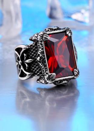 Мужское большое кольцо перстень сталь 316l  флер де лис когти дракона с красным цирконом 22 размер4 фото