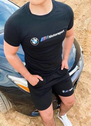 Костюм из хлопка футболка с принтом нашивкой мотоспорт motorsport шорты с карманами комплект черный мужской повседневный трендовый