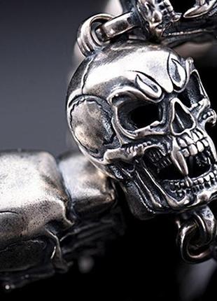 Мужской серебряный браслет байкерский череп вампира 22 см 60 грамм8 фото