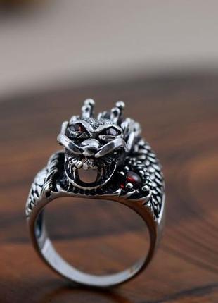 Мужское серебряное кольцо дракон сердце  21,5 размер гранат6 фото