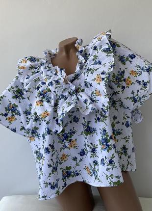Блуза з бавовни с прошвою вишивкою у квіти квітковий принт з воланами комірцем 🤍🤍zara🤍🤍1 фото