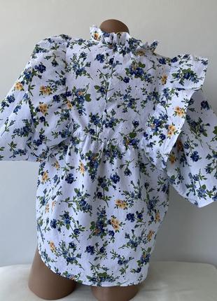 Блуза из хлопка с прошвой вышивкой в цветы цветочный принт с воланами воротничком 🤍🤍zara🤍🤍4 фото