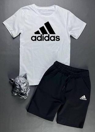 Костюм из хлопка футболка с принтом нашивкой адедас adidas шорты с карманами комплект мужской белый черный серый повседневный2 фото