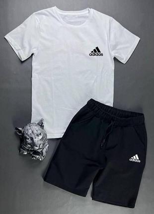 Костюм из хлопка футболка с принтом нашивкой адедас adidas шорты с карманами комплект мужской белый черный серый повседневный5 фото