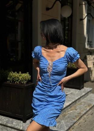 Трендовое платье в горошек с открытыми плечами шнуровка в зоне декольте длина регулируется платье черная белая голубая