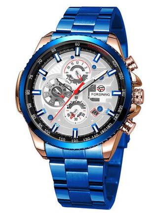 Мужские наручные механические часы с автоподзаводом forsining 6909 blue-cuprum-white