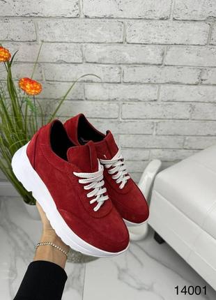 Жіночі натуральні замшеві кросівки червоного кольору, замшеві кросівки на платформі5 фото