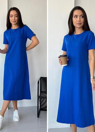 Легка жіноча подовжена сукня міді, трикотажна сукня синього кольору