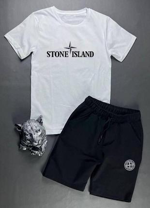 Костюм футболка з принтом нашивкою стон ісленд stone island шорти з кишенями комплект з бавовни чоловічий чорний білий повсякденний