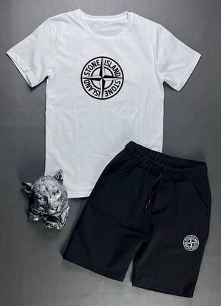 Костюм футболка с принтом нашивкой стон искренский stone island шорты с карманами комплект из хлопка мужской черный белый повседневный2 фото