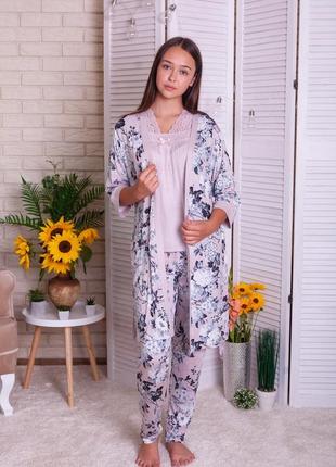 Вискозный комплект-тройка с халатом - темные цветы m, l, xl, 2xl