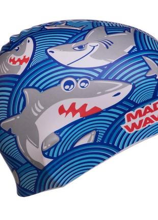 Детская шапочка для плавания силиконовая madwave junior sharky m057911 голубой3 фото
