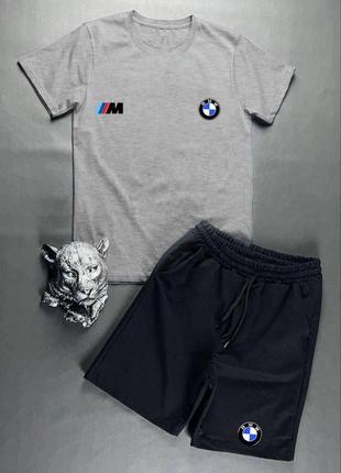 Костюм из хлопка футболка с принтом нашивкой бмв bmw шорты с карманами комплект черный белый серый мужской повседневный