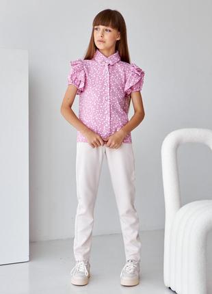 Школьная  розовая блуза c коротким рукавом для девочки  (122-146р)2 фото