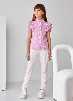 Школьная  розовая блуза c коротким рукавом для девочки  (122-146р)3 фото