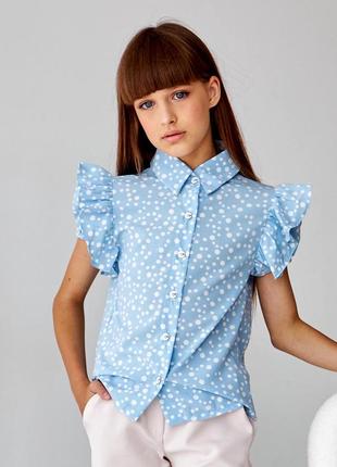 Школьная  голубая  блуза c коротким рукавом для девочки  (122-145р)