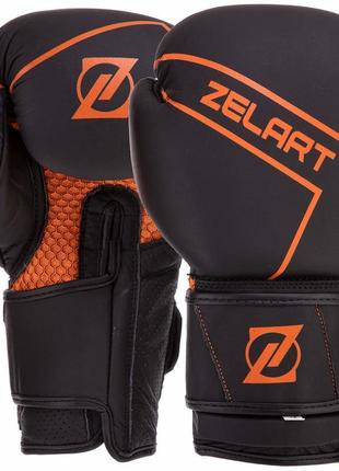 Кожаные перчатки боксерские zelart на липучке vl-3149  черный-оранжевый