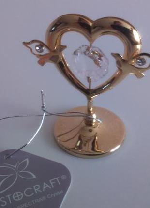Позолоченная фигурка "сердечко с голубями" с кристаллами сваровски