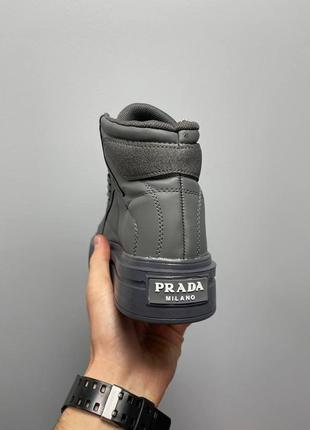 Женские кроссовки  prada macro re-nylon brushed leather sneakers grey2 фото