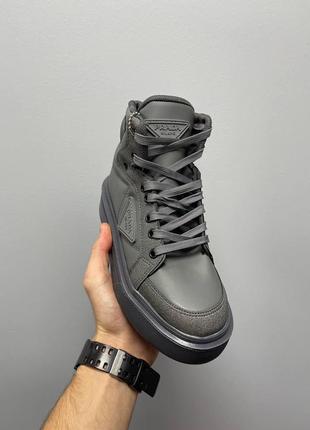 Женские кроссовки  prada macro re-nylon brushed leather sneakers grey6 фото