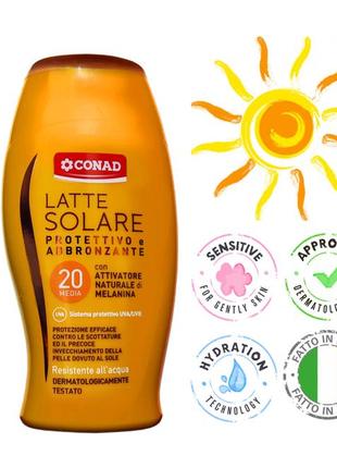 Нежное молочко для загара с естественным активатором меланина "latte solare uva/uvb spf 20" с витамином э, 200 мл.1 фото