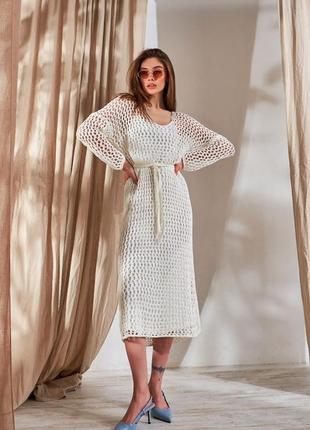 Довга ажурна жіноча туніка-сітка, в'язана гачком літня сукня-туніка, ефектна бавовняна...