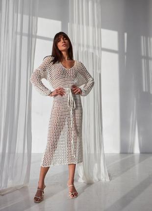 Довга ажурна жіноча туніка-сітка, в'язана гачком літня сукня-туніка, ефектна бавовняна...