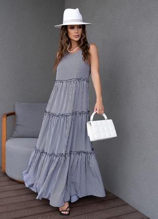 Длинное полосатое платье с рюшами1 фото