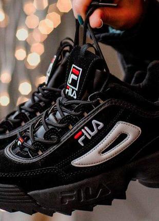 Женские кроссовки  fila disraptor 2 black (замш)