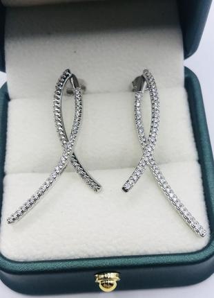 Сережки з фіанітами, розмір 4 см медична сталь design by korea 925 silver