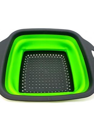 Дуршлаг силиконовый складной с ручками прямоугольный зеленый (23,5х18,5х7 см)1 фото