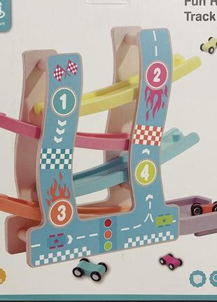 Дерев'яна іграшка автотрек веселий трамплін, машинки 6 штук, 4 поверхи2 фото
