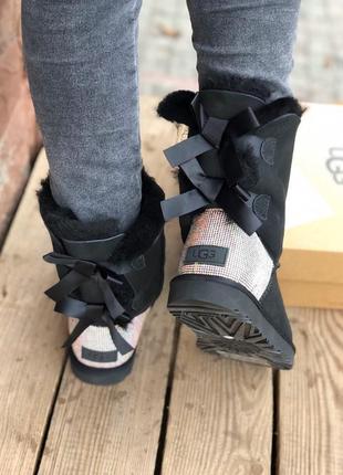 Ugg bailey bow ii black, зимові жіночі уггі/угі, зимові угі, чоботи, шкіряні10 фото