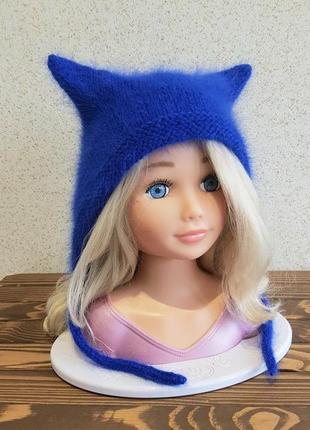 Шапка с ушками вязаная молодежная синяя devil hat ручная работа