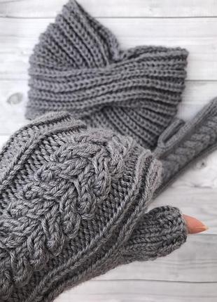 Серые митенки, варежки, узор косая митенки, повязка чалма