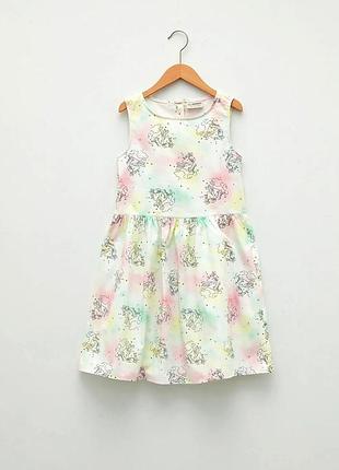 8-9/9-10 очень нарядное романтичное платье сарафан с единорогами из поплина с круглым вырезом lc waikiki
