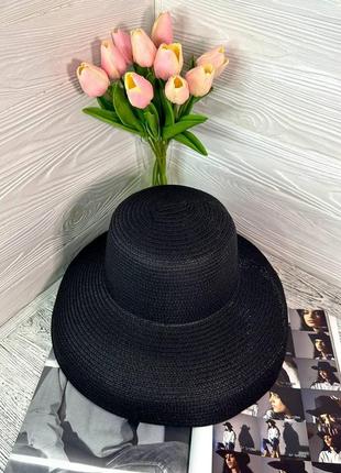 Шикарная соломенная шляпа женская солнцезащитная в стиле одри хепберн цвет черный  (55-58)3 фото