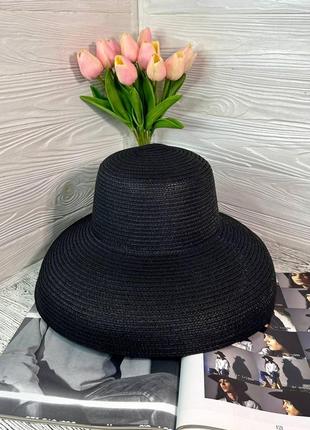 Шикарная соломенная шляпа женская солнцезащитная в стиле одри хепберн цвет черный  (55-58)4 фото