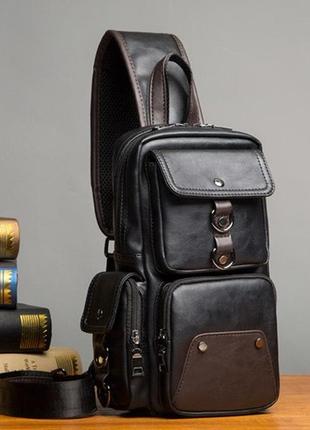 Рюкзак слінг чоловічий класичний на плече, чорний, коричневий.2 фото