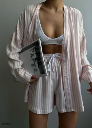 Рубашка + шорты / летний женский комплект из льна в полоску розовый3 фото