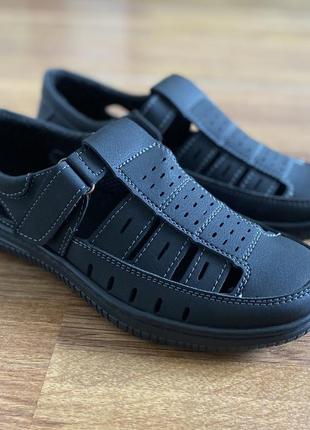 Мужские сандалии летние черные нубуковые прошитые (код 7642)4 фото