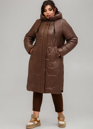 Зимова стьобана довга куртка пуховик пальто шоколадне